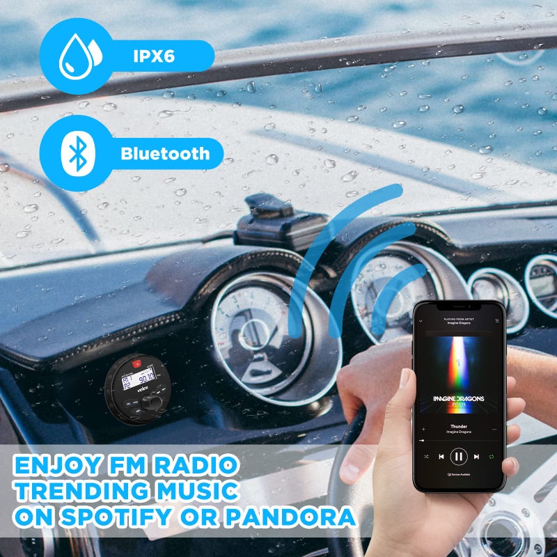 Velex Marine Stereo Speaker Package Bluetooth, MP3 USB AM FM Marine Stereo - 2 x 6.5 Inch Black Speakers, Antenna - Image 2